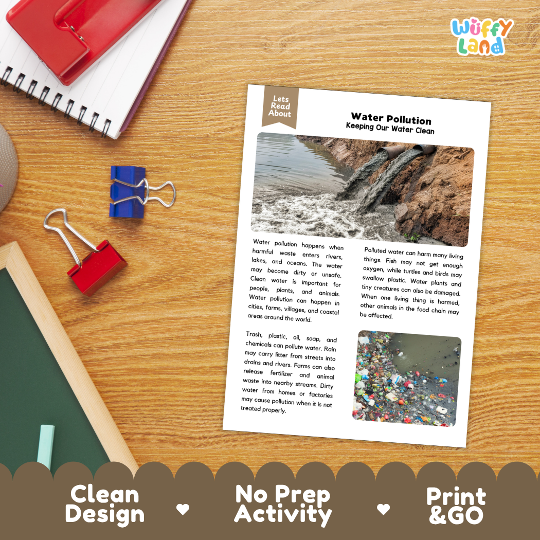 Student reading comprehension worksheet with short-answer questions and lined sections about water pollution