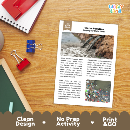 Student reading comprehension worksheet with short-answer questions and lined sections about water pollution