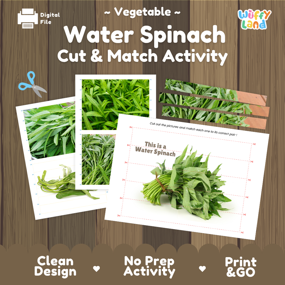 Water spinach cut and match activity cover showing printable fine motor puzzle sheets and vegetable photographs