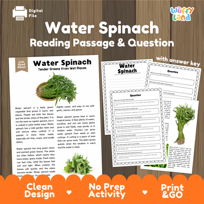 Water spinach reading comprehension passage and questions printable activity pack with answer key for elementary students