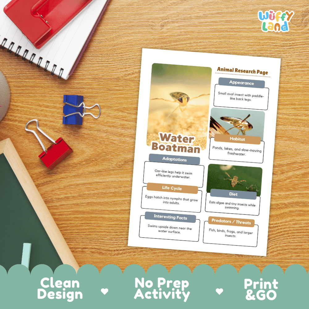 Water Boatman Animal Research Worksheets and Informational Fact Sheets