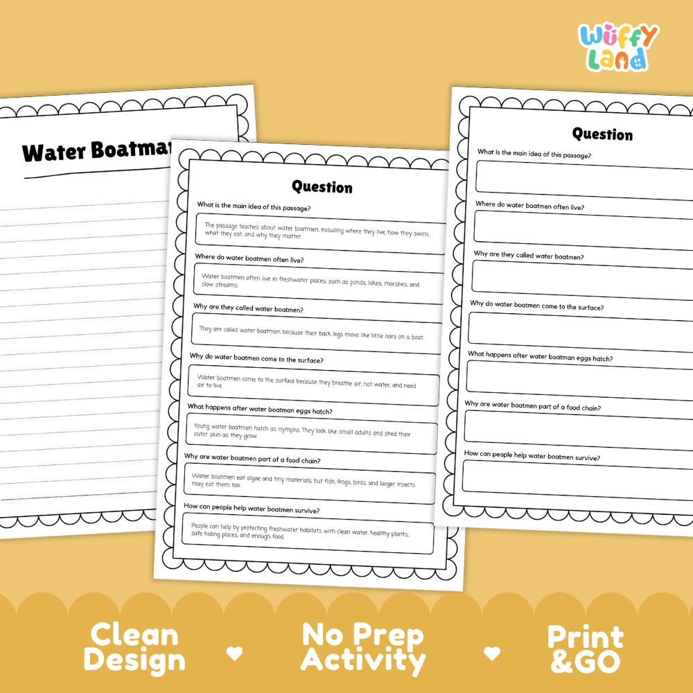 Water Boatman Reading Passage and Comprehension Questions with Answer Key