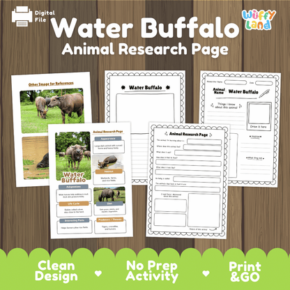 Water Buffalo Animal Research Worksheets and Informational Fact Sheets