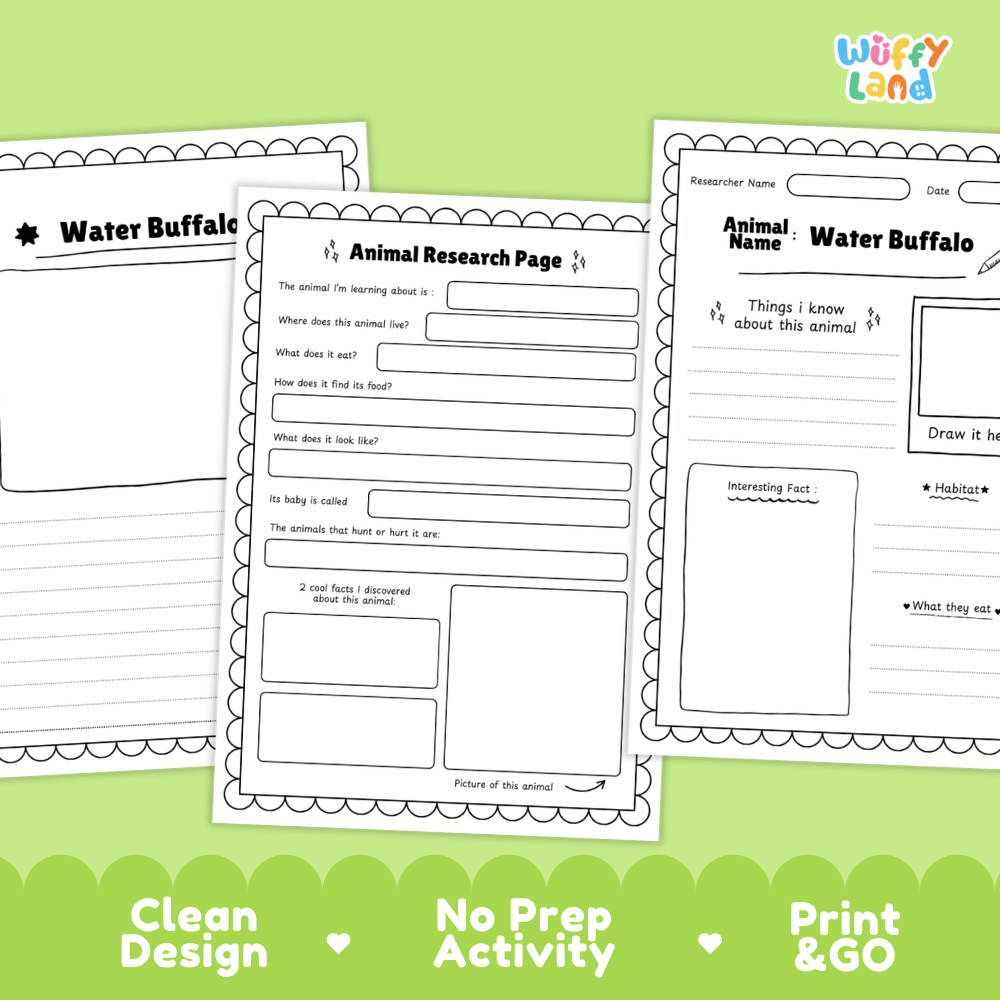 Water Buffalo Animal Research Worksheets and Informational Fact Sheets