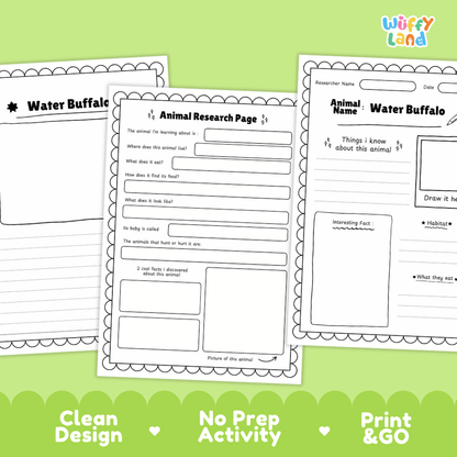 Water Buffalo Animal Research Worksheets and Informational Fact Sheets