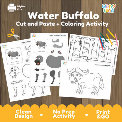 Water Buffalo Cut and Paste Craft and Coloring Activity Worksheets
