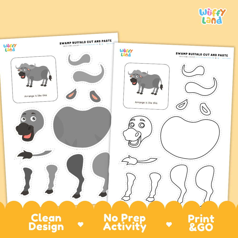 Water Buffalo Cut and Paste Craft and Coloring Activity Worksheets