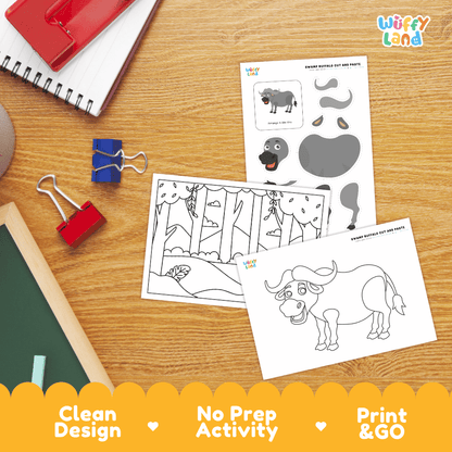 Water Buffalo Cut and Paste Craft and Coloring Activity Worksheets