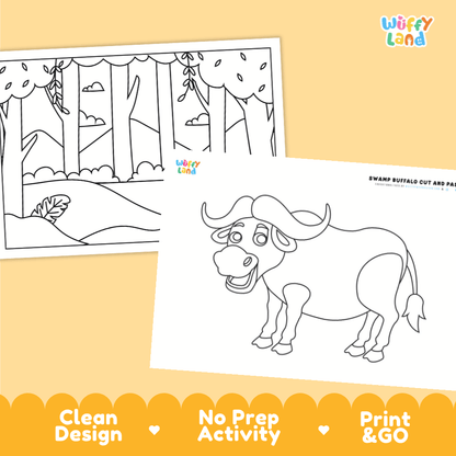Water Buffalo Cut and Paste Craft and Coloring Activity Worksheets