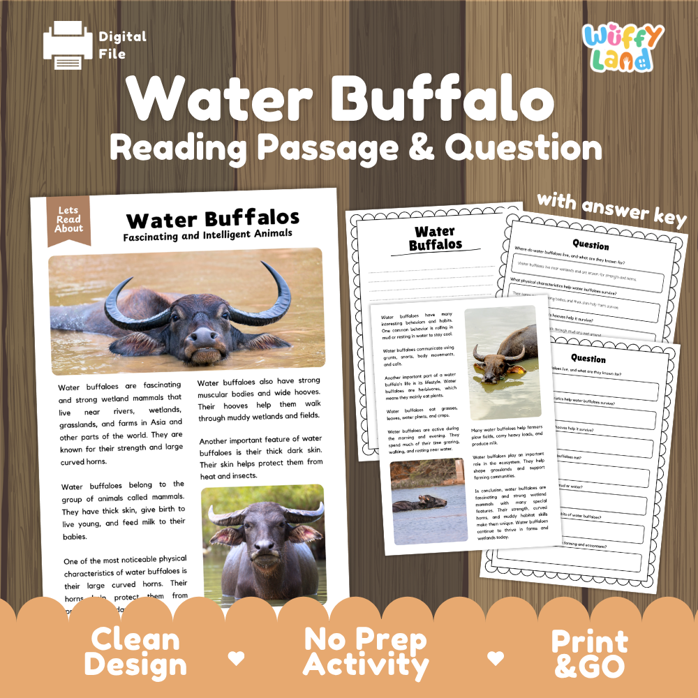 Digital reading activity product for 'Water Buffalo' featuring a reading passage, comprehension questions, and an answer key layout on a wood-textured background with branding for 'Wiffly Land'.