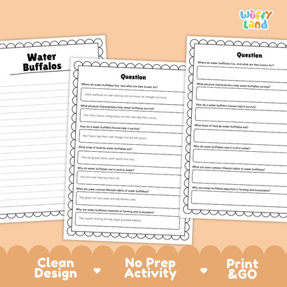 Three printable worksheet pages titled 'Water Buffalos' shown on a peach background with decorative scalloped borders. The pages contain fill-in questions about buffalo water habits and are labeled 'Clean Design', 'No Prep Activity', and 'Print & GO'.