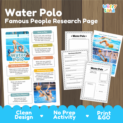 Water Polo Sport Research Project Worksheets and Fact Sheet Activity