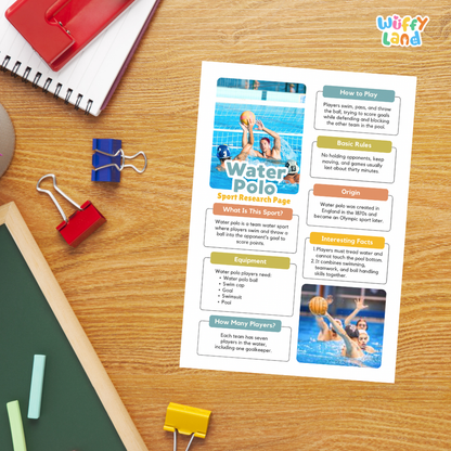 A printed Water Polo sport research page template with colorful text boxes, rules, and player photos, displayed on a wooden desk with binder clips, a notebook, and chalk.