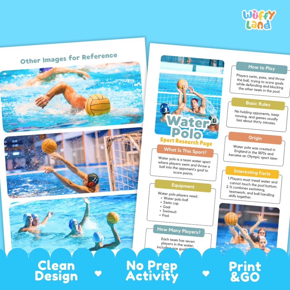 A promotional graphic for a water polo activity kit or guide, featuring two printed activity sheets with water polo photos and text sections like 'How to Play', 'Basic Rules', 'What is This Sport?', 'Origin', and 'Interesting Facts'. The sheets are shown on a bright blue background with the brand name 'Wiffy Land' in the top right and decorative blue banners at the bottom reading 'Clean Design', 'No Prep Activity', and 'Print & GO'.