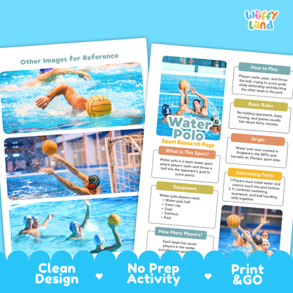 A promotional graphic for a water polo activity kit or guide, featuring two printed activity sheets with water polo photos and text sections like 'How to Play', 'Basic Rules', 'What is This Sport?', 'Origin', and 'Interesting Facts'. The sheets are shown on a bright blue background with the brand name 'Wiffy Land' in the top right and decorative blue banners at the bottom reading 'Clean Design', 'No Prep Activity', and 'Print & GO'.