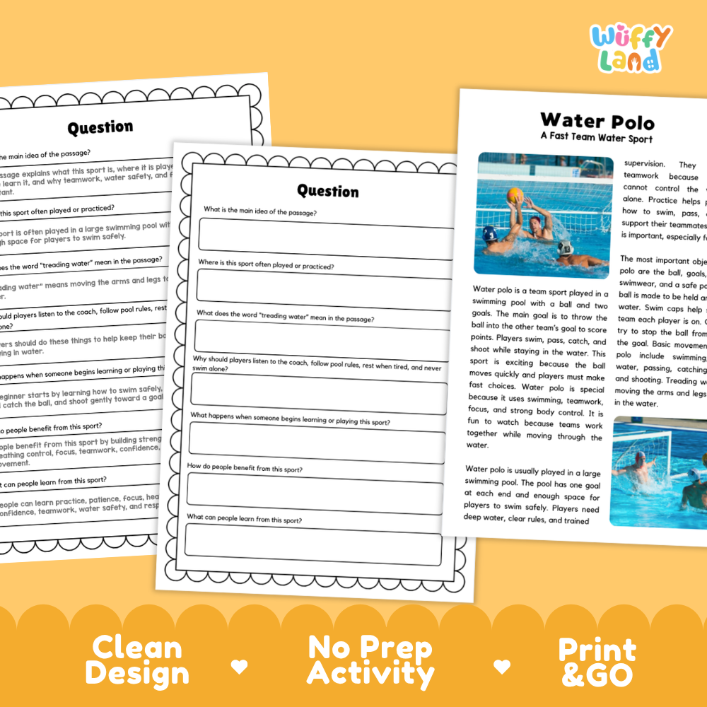 Water Polo Sports Reading Passages and Comprehension Questions Worksheets