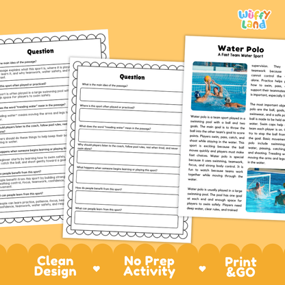 Water Polo Sports Reading Passages and Comprehension Questions Worksheets