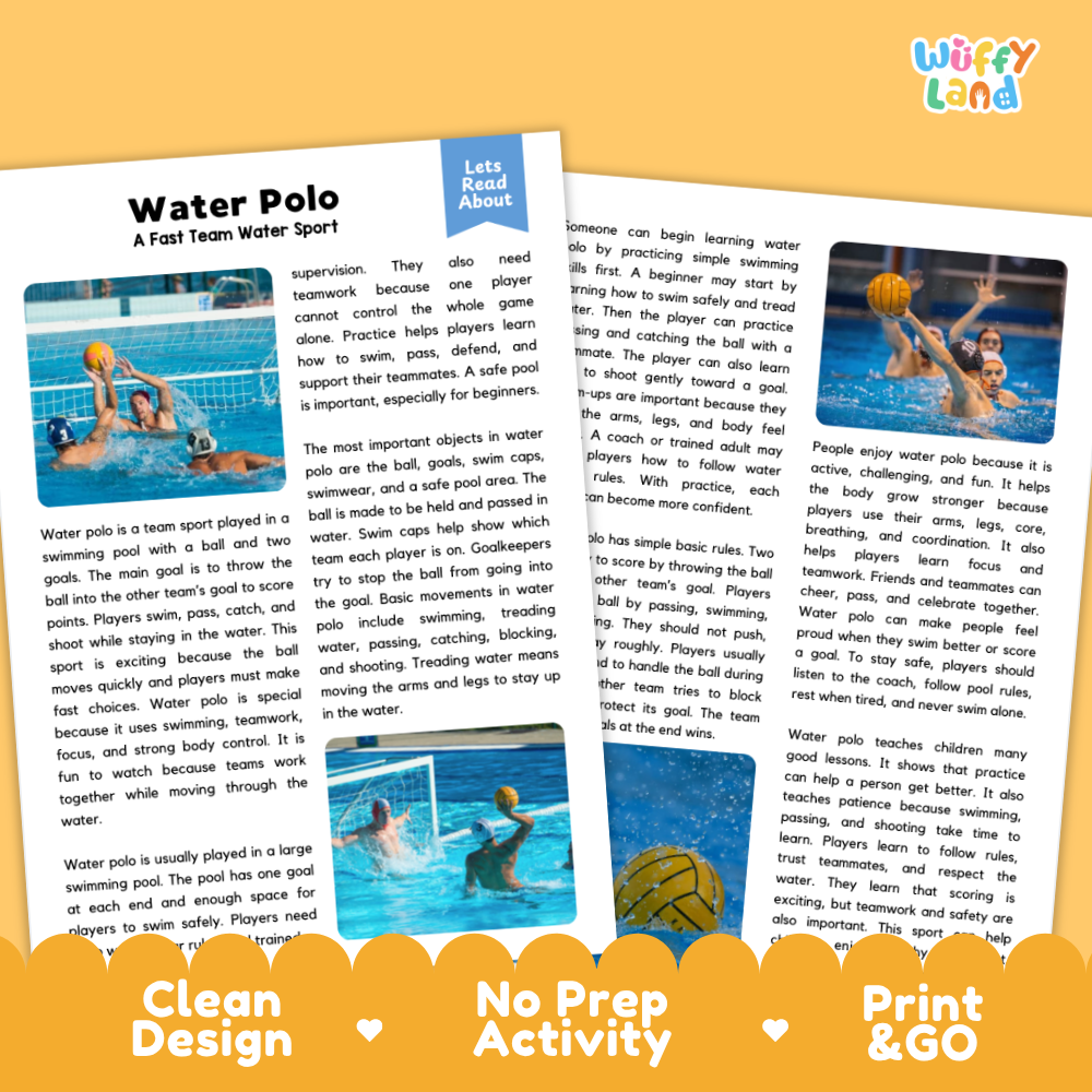 Two printed water polo activity cards shown on a white background with decorative orange banners at the bottom. The cards feature a blue water polo photo, black text, and small heart icons.