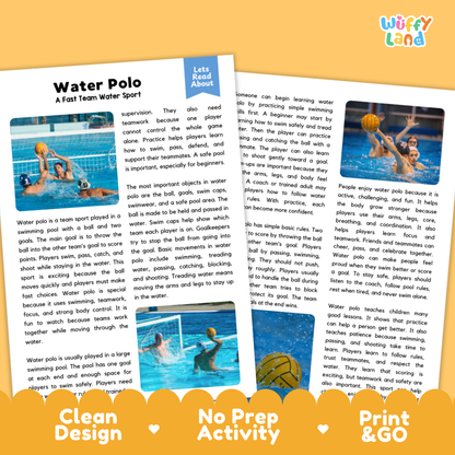 Two printed water polo activity cards shown on a white background with decorative orange banners at the bottom. The cards feature a blue water polo photo, black text, and small heart icons.
