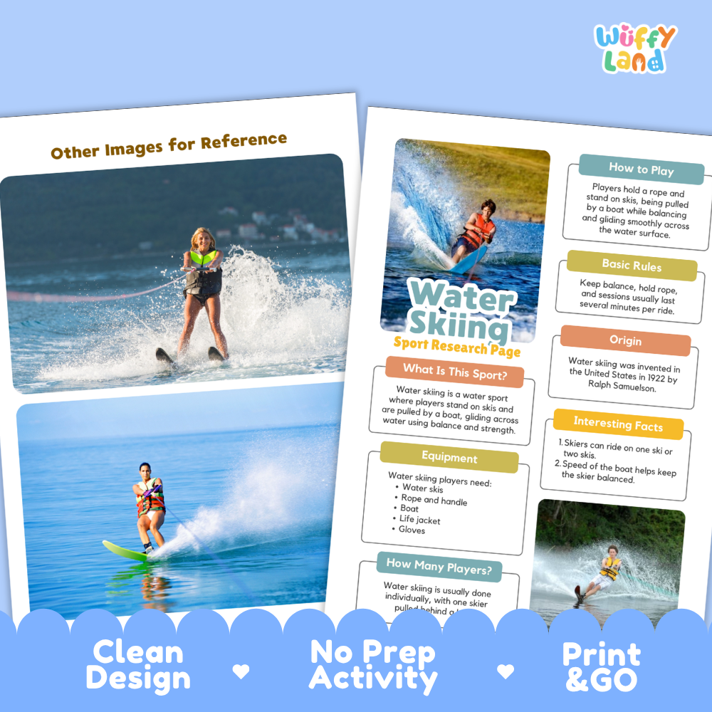 Two printed activity sheets about water skiing are shown on a white background with decorative blue banners at the bottom. The sheets include photos of people water skiing, informational text blocks such as 'How to Play,' 'Basic Rules,' 'What is this Sport?', 'Origin,' and 'Interesting Facts,' and the brand name 'Wiffy Land' in the top right.