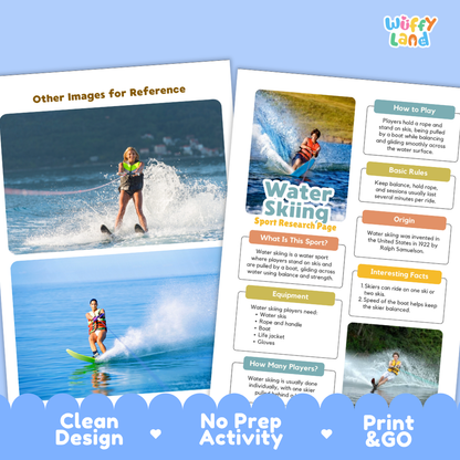 Two printed activity sheets about water skiing are shown on a white background with decorative blue banners at the bottom. The sheets include photos of people water skiing, informational text blocks such as 'How to Play,' 'Basic Rules,' 'What is this Sport?', 'Origin,' and 'Interesting Facts,' and the brand name 'Wiffy Land' in the top right.