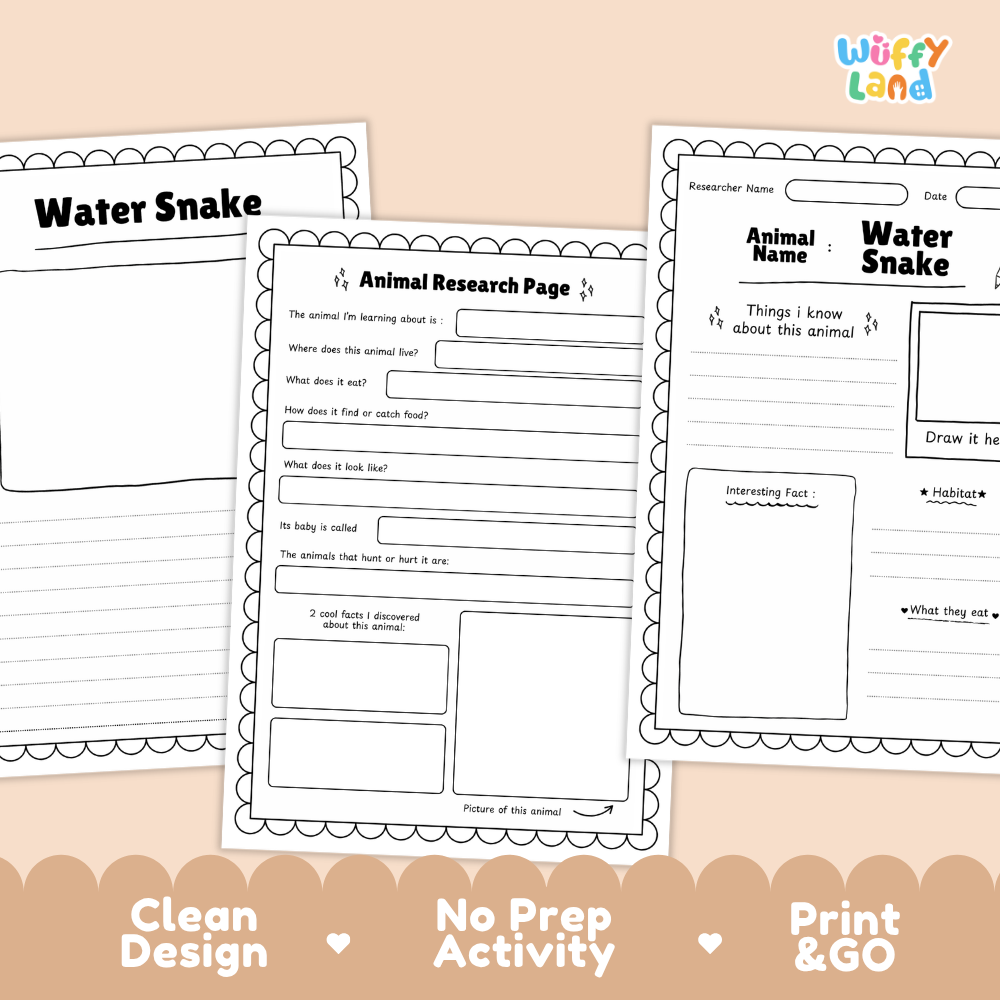 Three printable worksheet pages for an animal research activity titled 'Water Snake' are shown on a peach background. The pages are black and white with lined writing areas, boxes, and short text prompts.