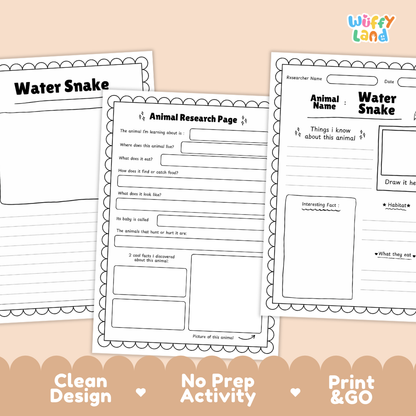 Three printable worksheet pages for an animal research activity titled 'Water Snake' are shown on a peach background. The pages are black and white with lined writing areas, boxes, and short text prompts.