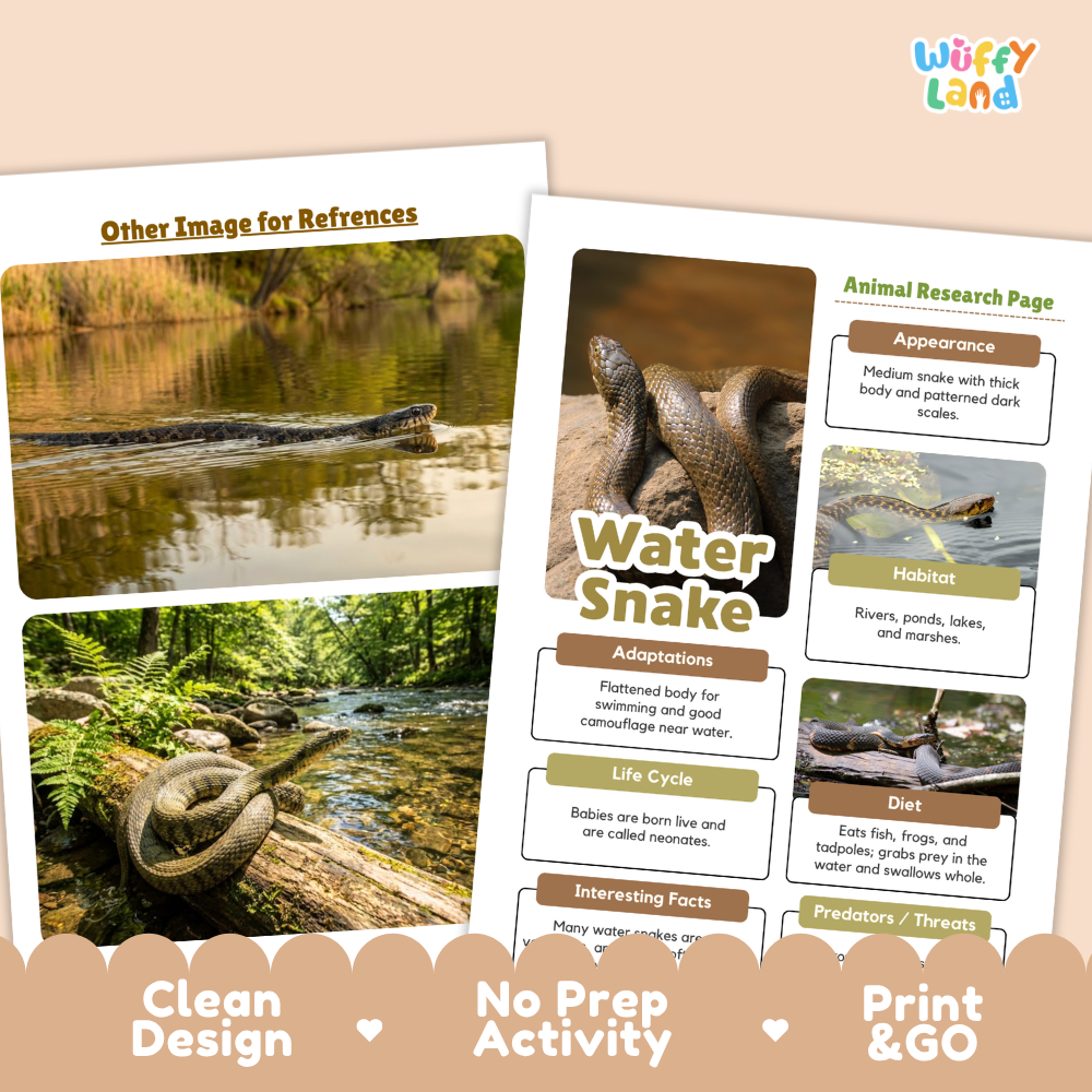 Two printed educational activity sheets for a water snake research project, displayed on a warm beige background with decorative scalloped borders. One sheet shows example reference images of a water snake, and the other is an animal research page with text fields for appearance, habitat, adaptations, life cycle, diet, and interesting facts.