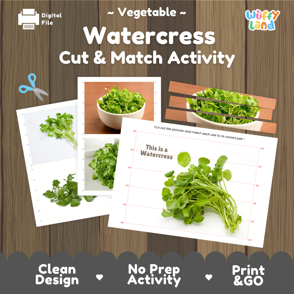 Watercress cut and match activity cover showing printable fine motor puzzle sheets and vegetable photographs