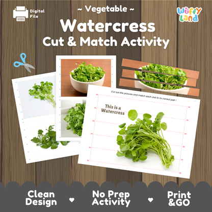 Watercress cut and match activity cover showing printable fine motor puzzle sheets and vegetable photographs