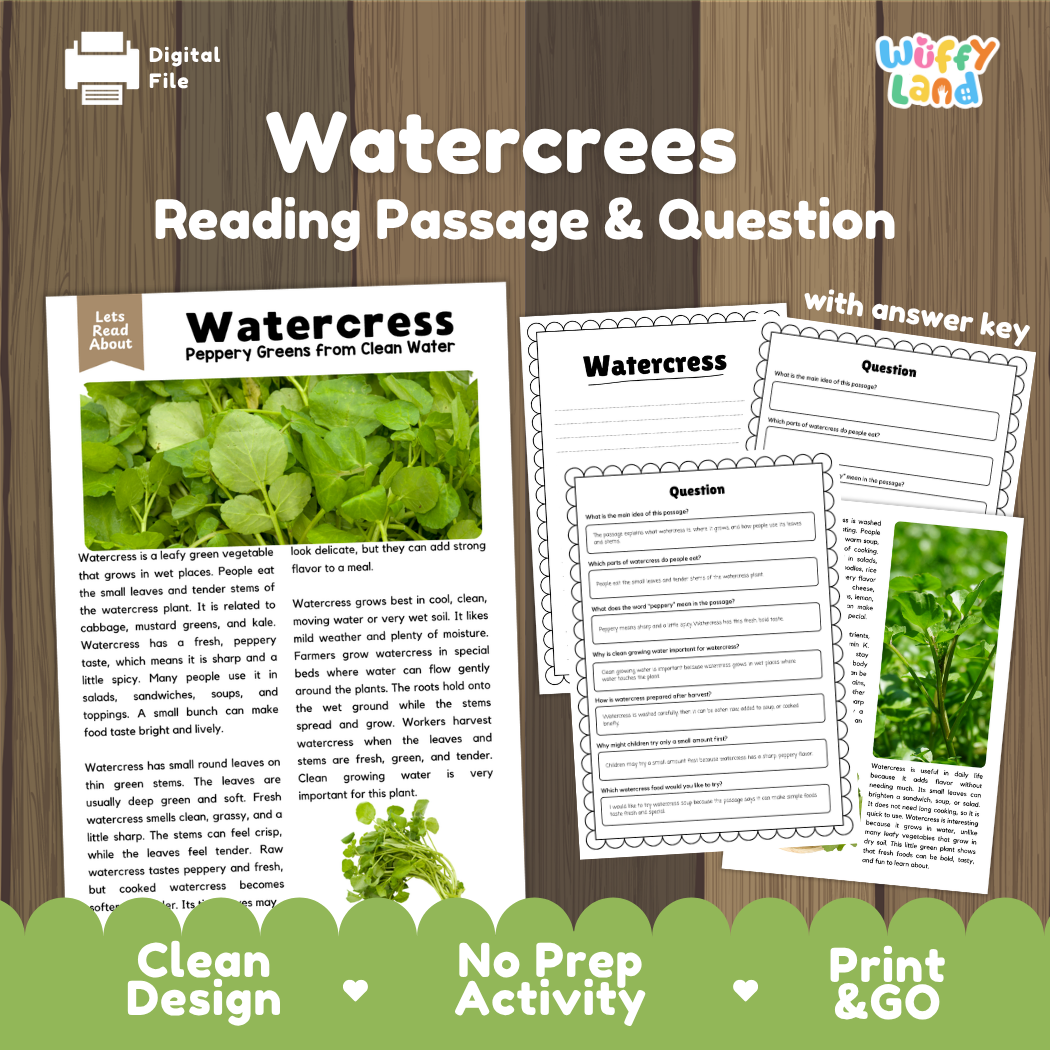 Watercress reading comprehension passage and questions printable activity pack with answer key for elementary students