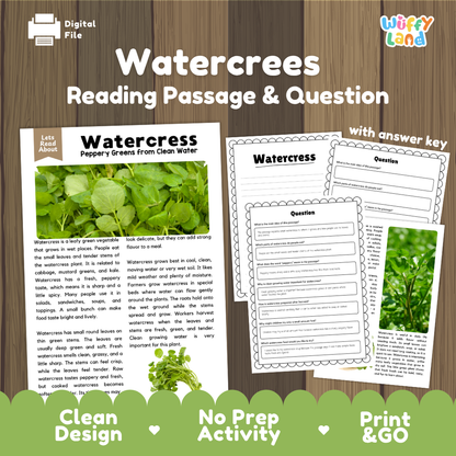 Watercress reading comprehension passage and questions printable activity pack with answer key for elementary students