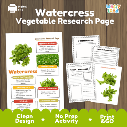Watercress Vegetable Research Worksheets and Informational Fact Sheets