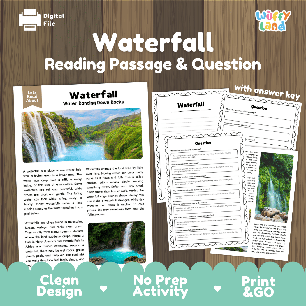 Digital reading activity bundle for 'Waterfall' by Wiffly Land, featuring a reading passage, worksheet questions, and an answer key displayed on a wood-grain background with promotional text at the bottom.