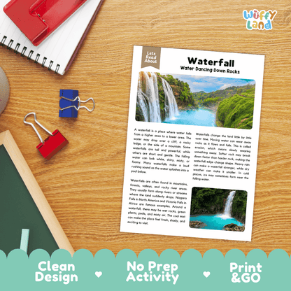 An educational worksheet titled 'Waterfall' printed on a white sheet, styled on a wooden desk with a spiral notebook, red binder clips, and a colorful 'Wiffly Land' logo banner at the top right.