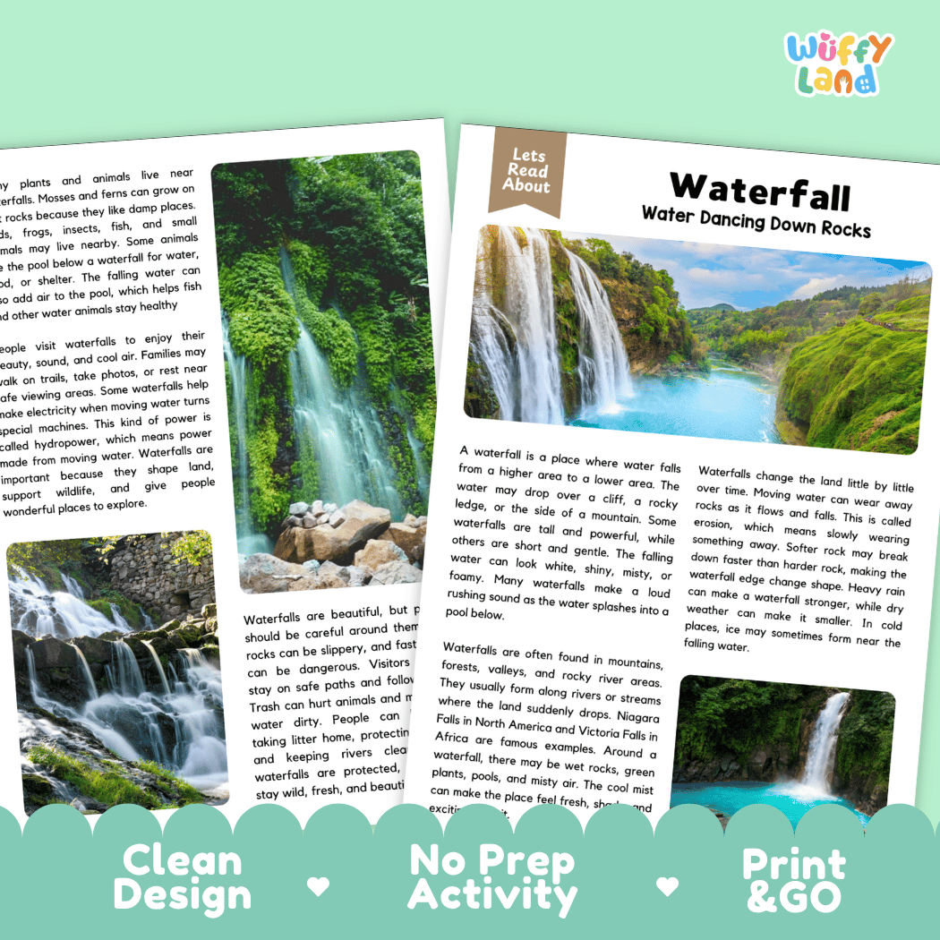 Two printed activity sheets from Let's Read About Logs by the ocean, titled 'Waterfall: Water Dancing Down Rocks,' shown on a white background with a small photo of a waterfall and printed text blocks.