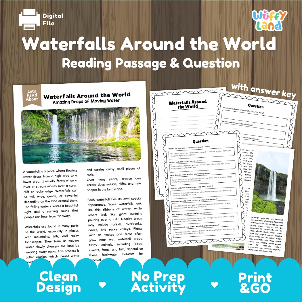 Waterfalls Around the World reading comprehension passage and questions printable activity pack with answer key for elementary students