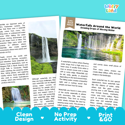 Teacher answer key page showing complete question solutions for Waterfalls Around the World Earth science and geography reading comprehension practice
