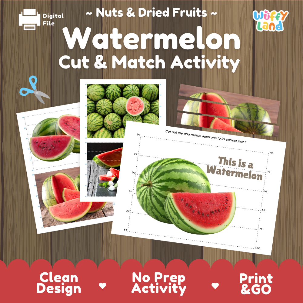 Watermelon cut and match activity cover showing printable fine motor puzzle sheets and melon photographs
