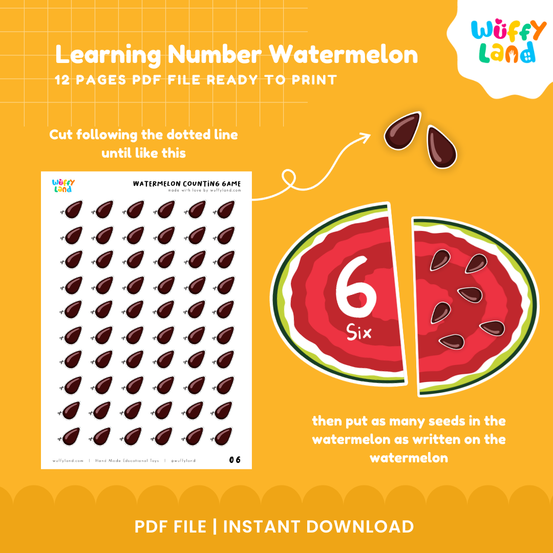 Printable watermelon number puzzle for kids featuring numerals, number words and seeds for counting practice