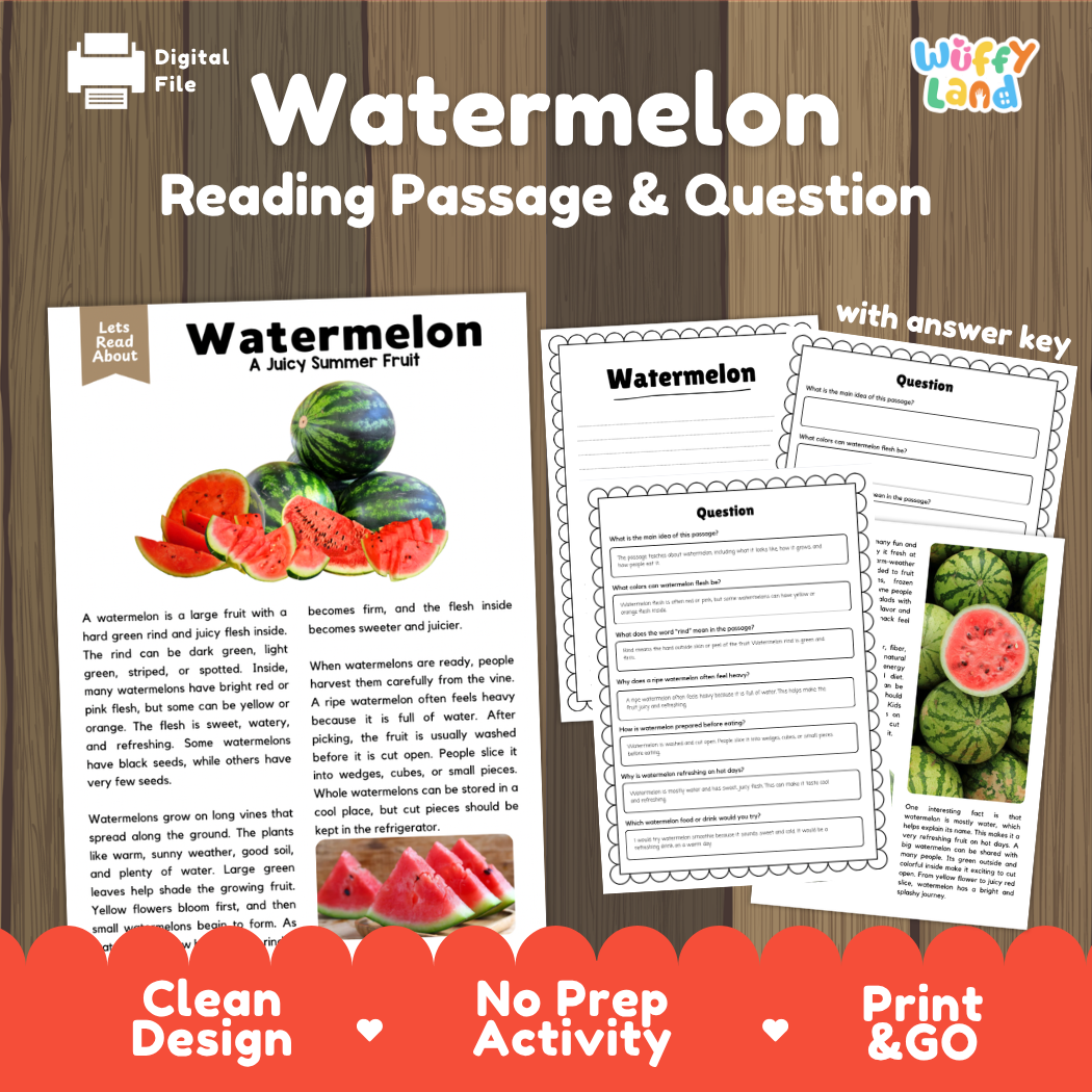 Watermelon reading comprehension passage and questions printable activity pack with answer key for elementary students