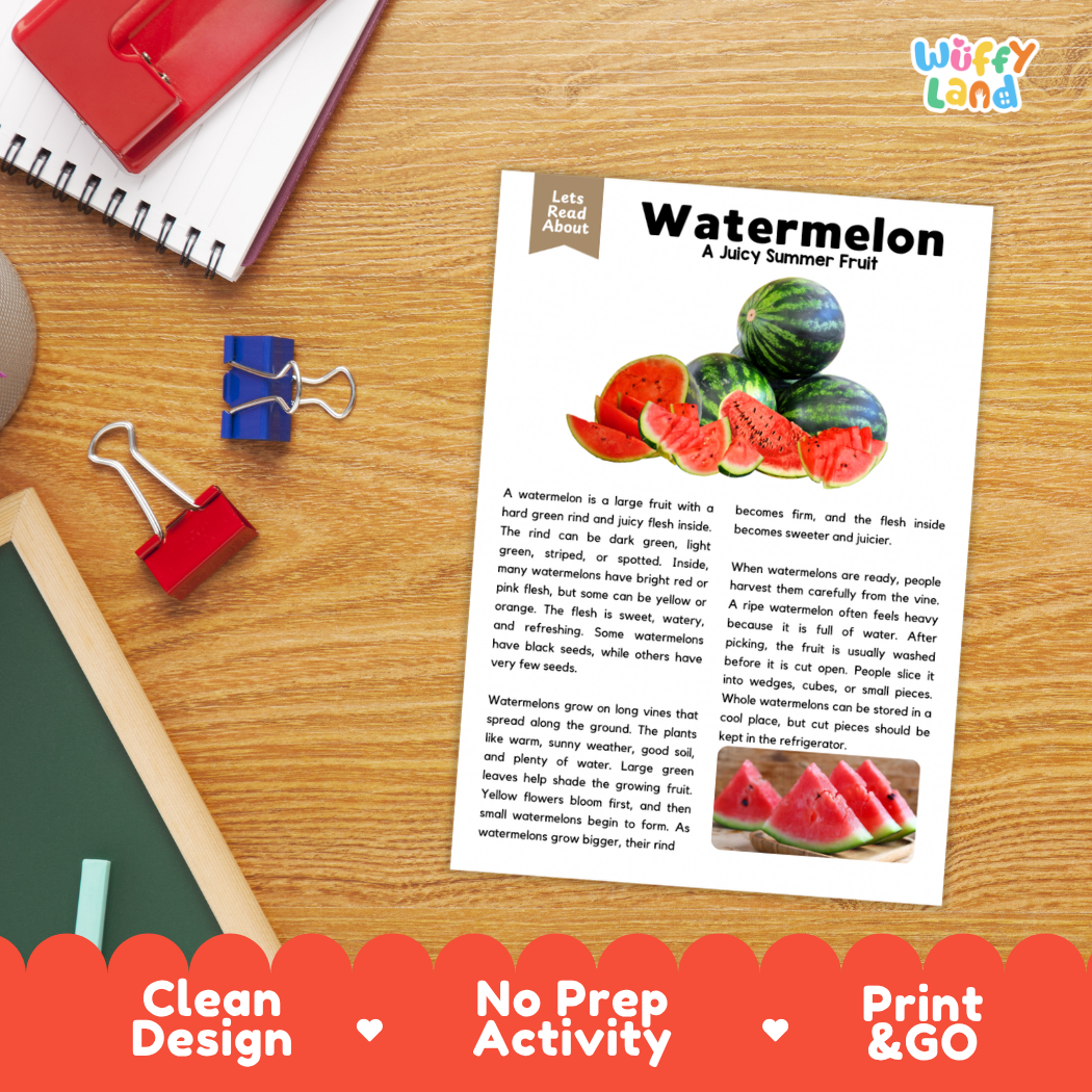 Student reading comprehension worksheet with short-answer questions and lined sections about the watermelon fruit
