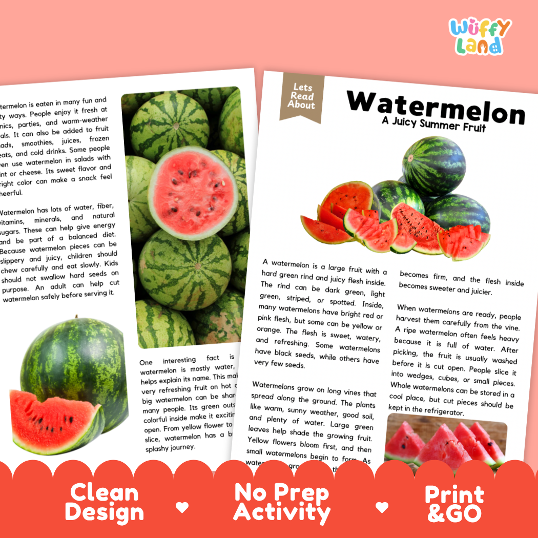 Teacher answer key page showing complete question solutions for Watermelon nature and science reading comprehension practice