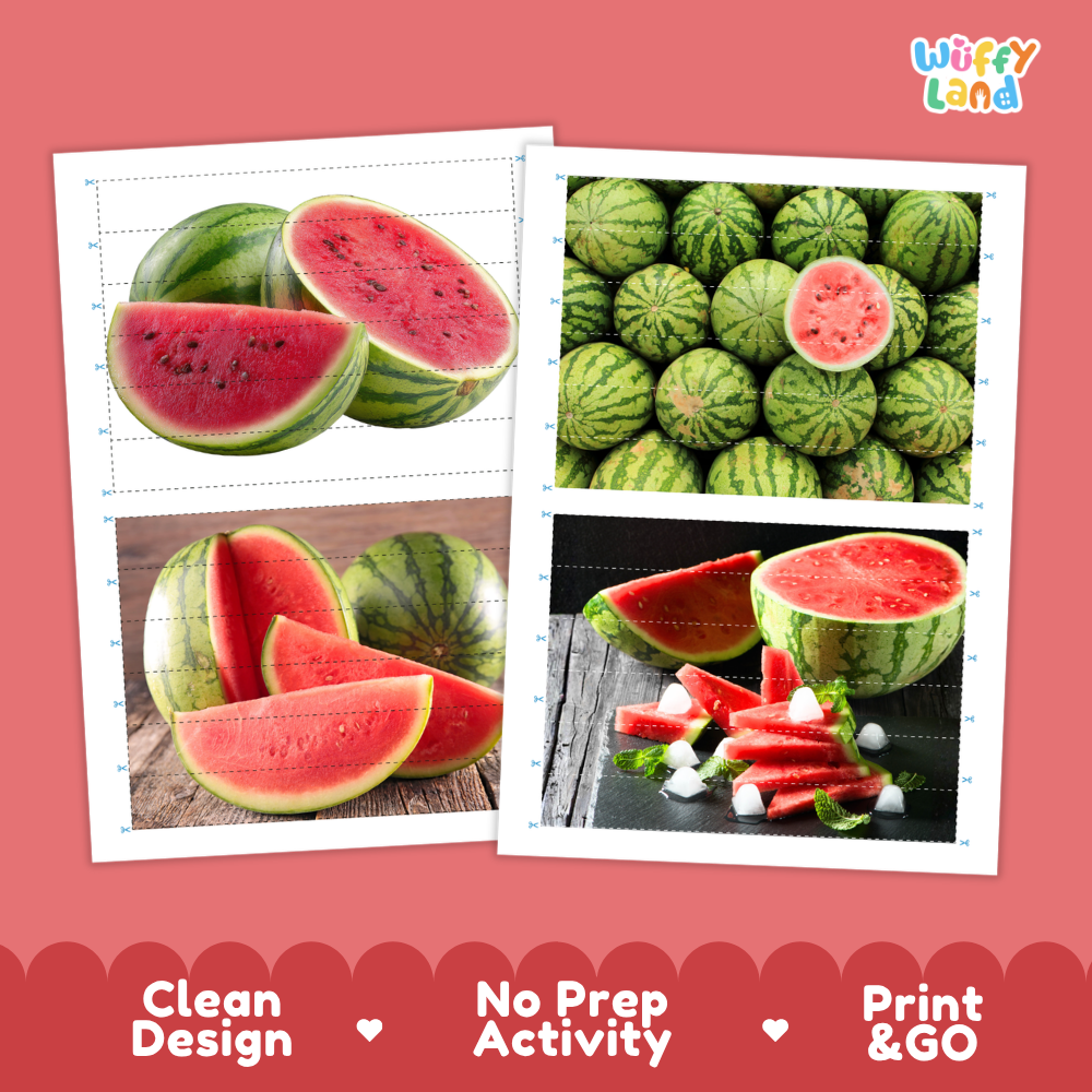 Printable activity sheets featuring photographic watermelon puzzle boards and cutting guides