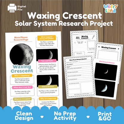 Waxing Crescent Moon Solar System Research Project Worksheets and Fact Sheet