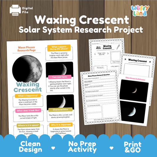 Waxing Crescent Moon Solar System Research Project Worksheets and Fact Sheet
