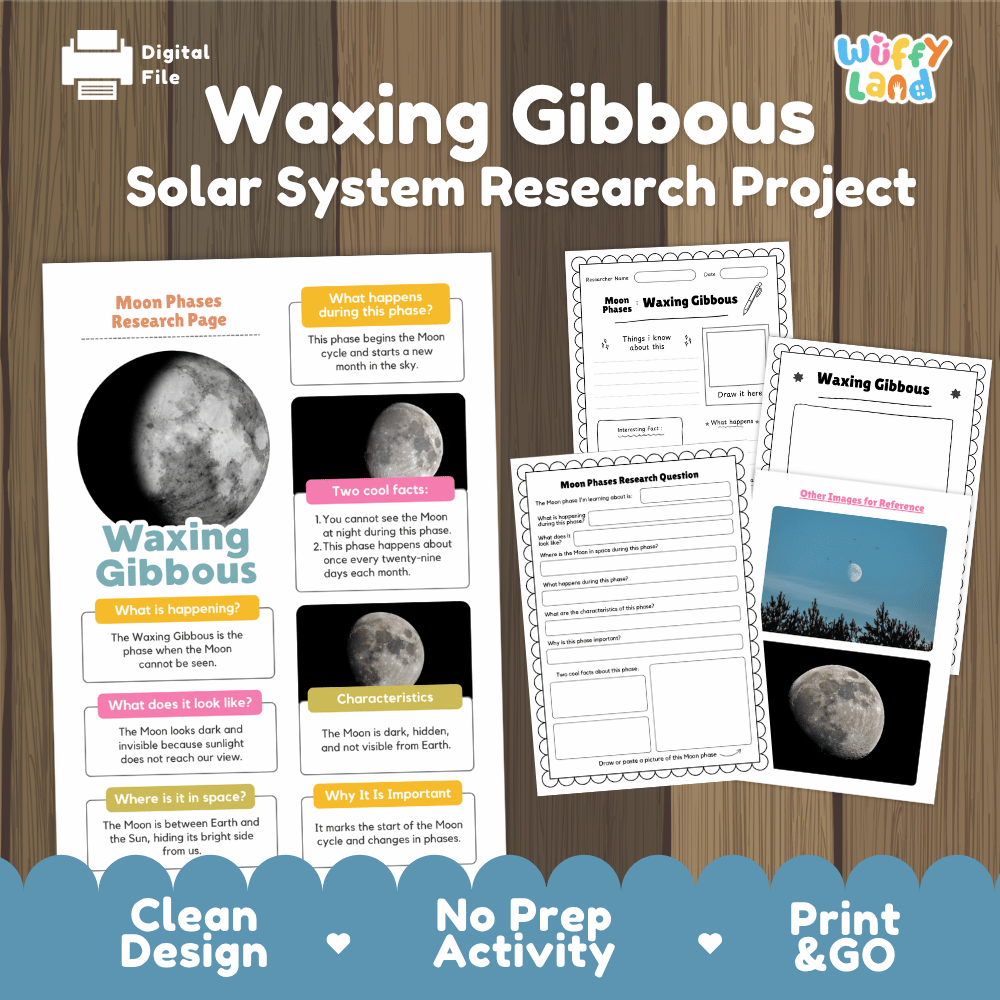 Waxing Gibbous Moon Solar System Research Project Worksheets and Fact Sheet