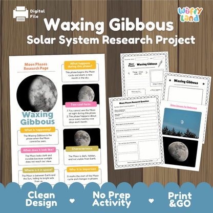 Waxing Gibbous Moon Solar System Research Project Worksheets and Fact Sheet