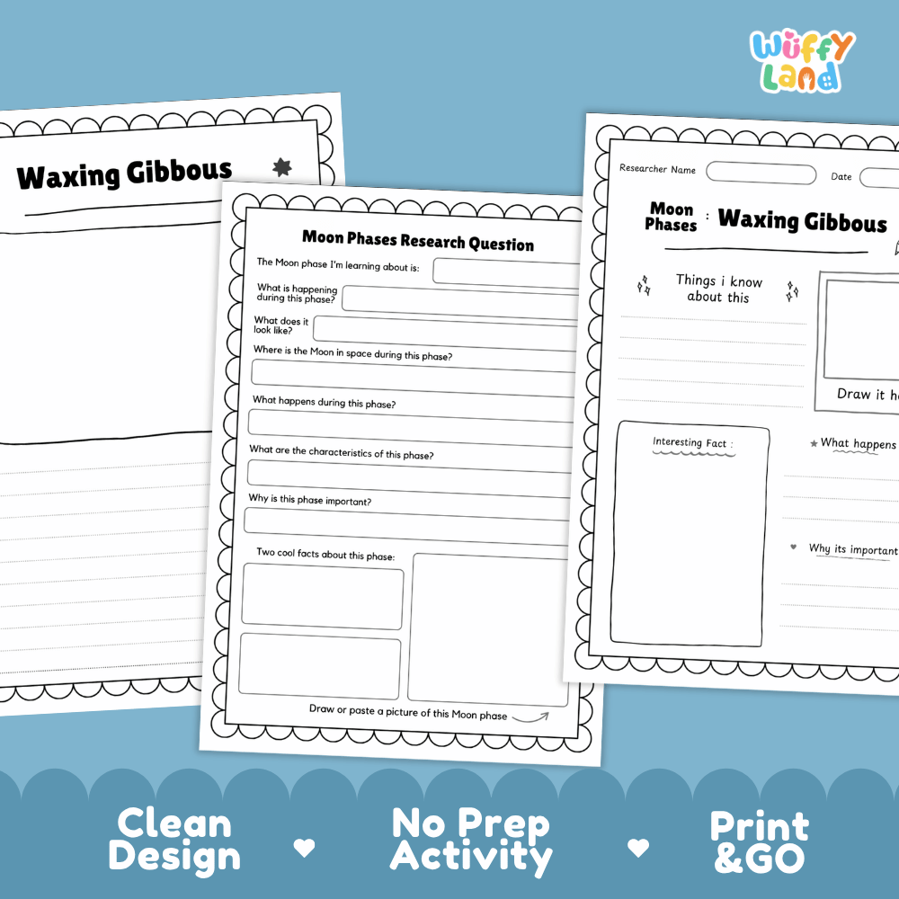 Three printable educational worksheets about moon phases and waxing gibbous are shown on a blue background with marketing text reading 'Clean Design', 'No Prep Activity', and 'Print & GO'. The worksheets are white with black text and border lines, and the brand name 'Wiffly Land' appears in the top right.