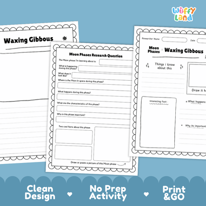 Three printable educational worksheets about moon phases and waxing gibbous are shown on a blue background with marketing text reading 'Clean Design', 'No Prep Activity', and 'Print & GO'. The worksheets are white with black text and border lines, and the brand name 'Wiffly Land' appears in the top right.